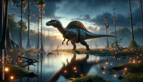 A Spinosaurus near a swamp at twilight photo