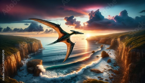 A lone Pterosaur soaring over a coastal cliff © Nicko