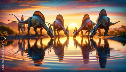 Group of Parasaurolophus drinking at a watering hole photo