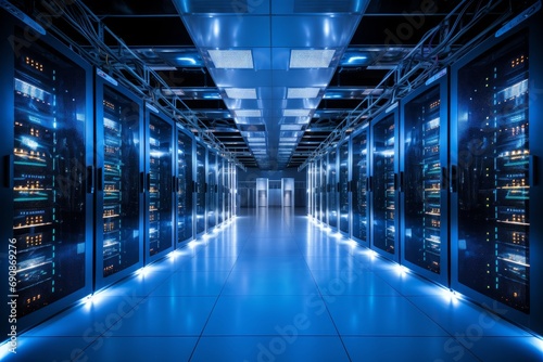 Photo of a high-tech data center with rows of servers and advanced cooling systems. Generative AI