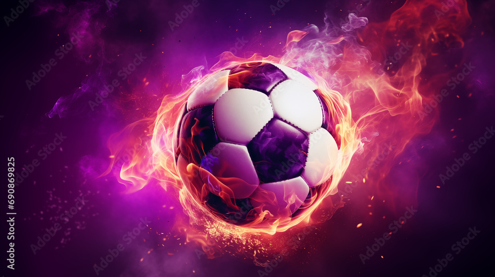 Fiery soccer ball in purple flames