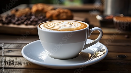 Aromatic cappuccino a ceramic cup, coffee beans, dark wood background
