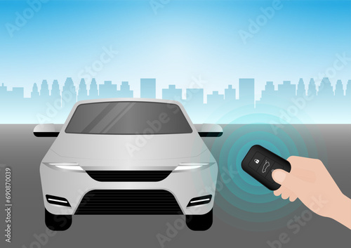 Hand Pressing Car Key Remote Control to Lock or Unlock Car. Car Alarm System. Vector Illustration. 
