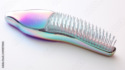 a holographic hairbrush  reflecting a spectrum of colors on a serene white surface.