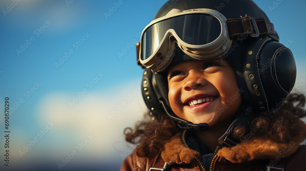 Candid photo of a cute child in the image of a pilot, dressed in a vintage leather pilot helmet, jacket, dreaming of flying in the sky, on a light blue background, copy space for text Candid photo of a cute child in the image of a pilot, dressed in a vintage leather pilot helmet, jacket, dreaming of flying in the sky, on a light blue background, copy space for text