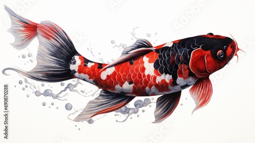 A koi fish s graceful movement  with velvety black and fiery red scales  set against the serene  white canvas of its aquatic realm.