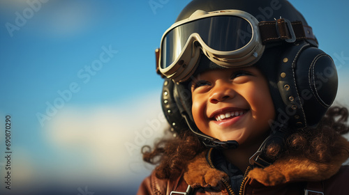 Candid photo of a cute child in the image of a pilot, dressed in a vintage leather pilot helmet, jacket, dreaming of flying in the sky, on a light blue background, copy space for text
