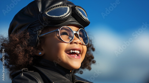 Candid photo of a cute child in the image of a pilot  dressed in a vintage leather pilot helmet  jacket  dreaming of flying in the sky  on a light blue background  copy space for text