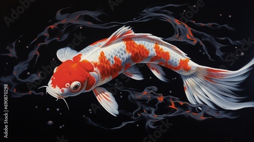 A koi fish's graceful movement, with velvety black and fiery red scales, set against the serene, white canvas of its aquatic realm.