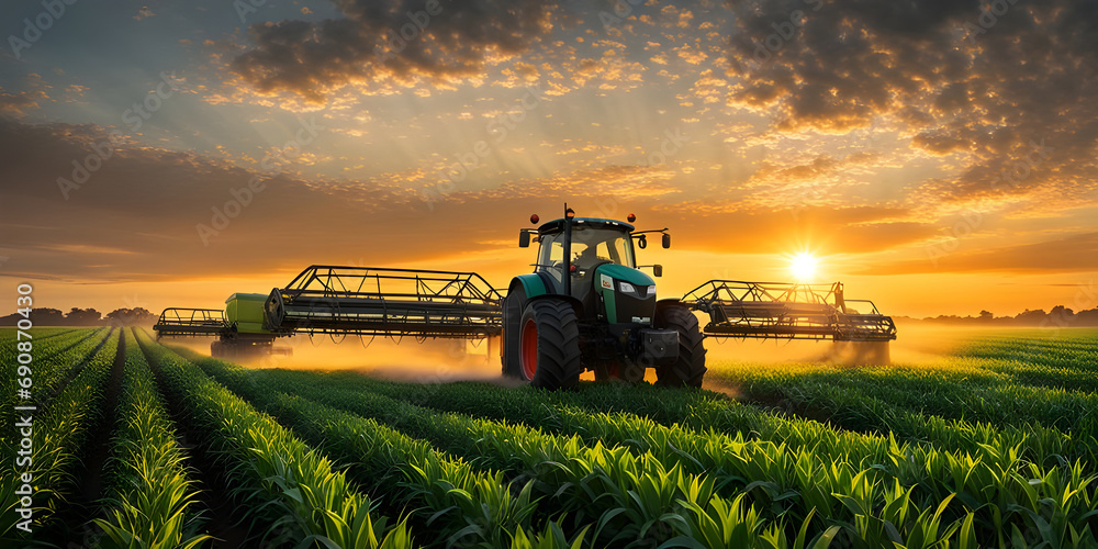 Tractor Spraying Pesticides on cornfield Plantation at Sunset. - obrazy, fototapety, plakaty 