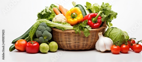 Basket of vegetables on white background.