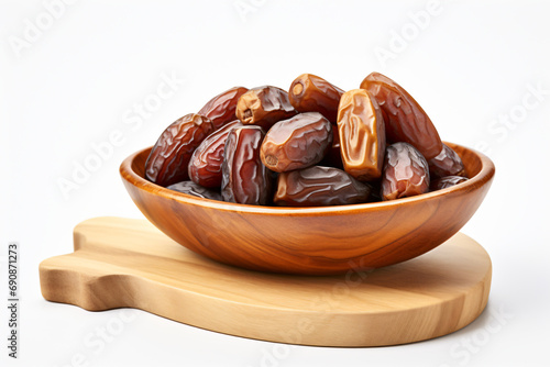 Dates in a wooden bowl on a white background generative AI