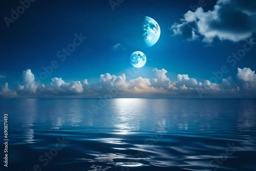 romantic moon with clouds and stary sky over sparking blue water
