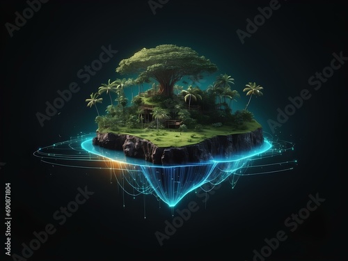 glowing island, glowing lines, black background, for design, isolated