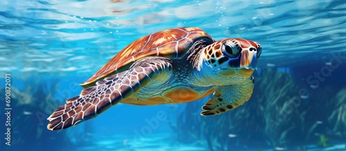 Bitten sea turtle swims slowly in blue water.