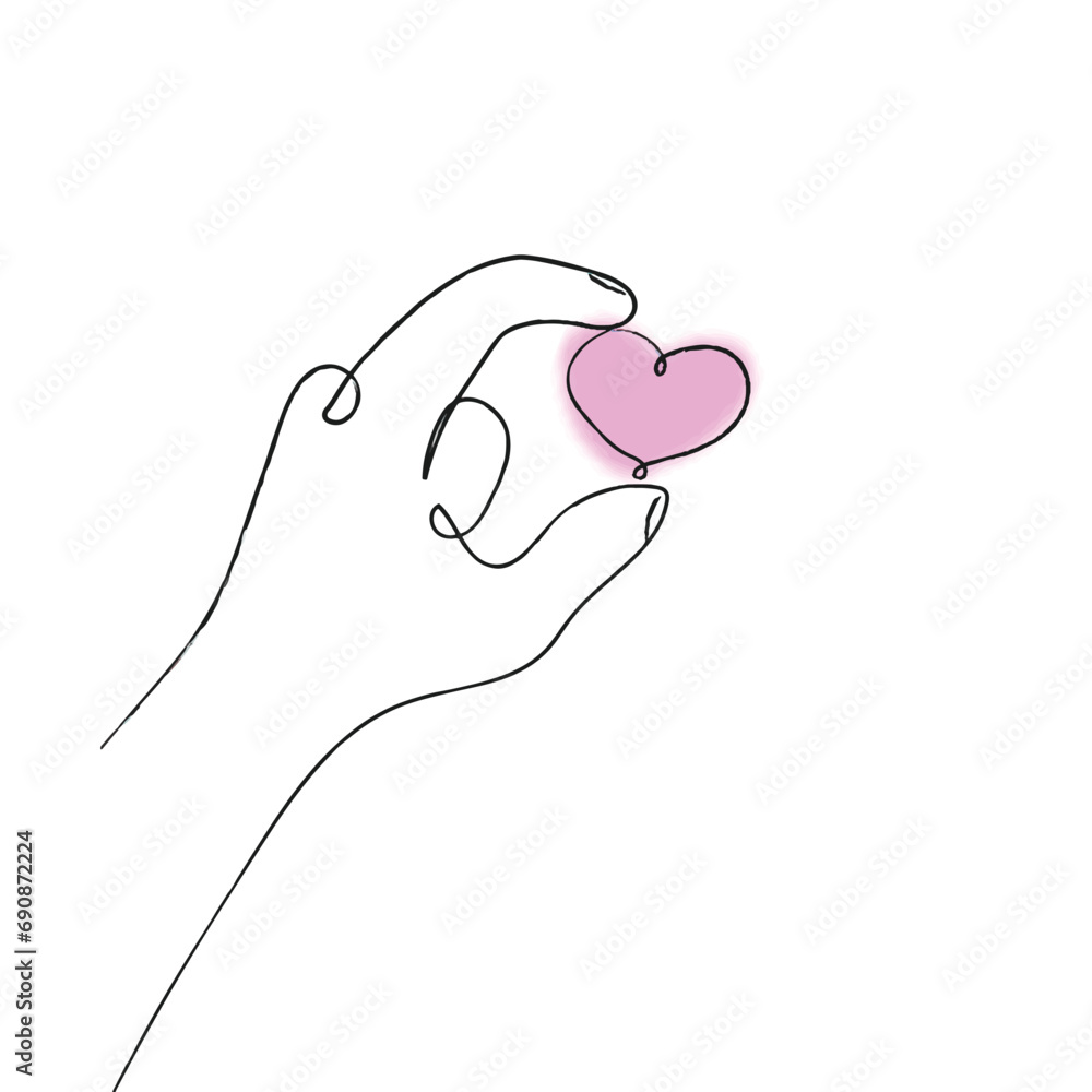 Continuous one line drawing of hand holding a heart. Vector illustration Continuous one line drawing of hand holding a heart. Vector illustration