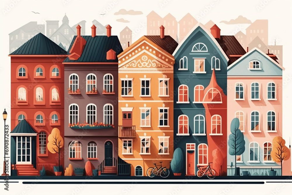 Cute houses, city buildings in Scandinavian style. Cosy town panorama with home exteriors, Scandi architecture. Urban street with chimneys, smoke
