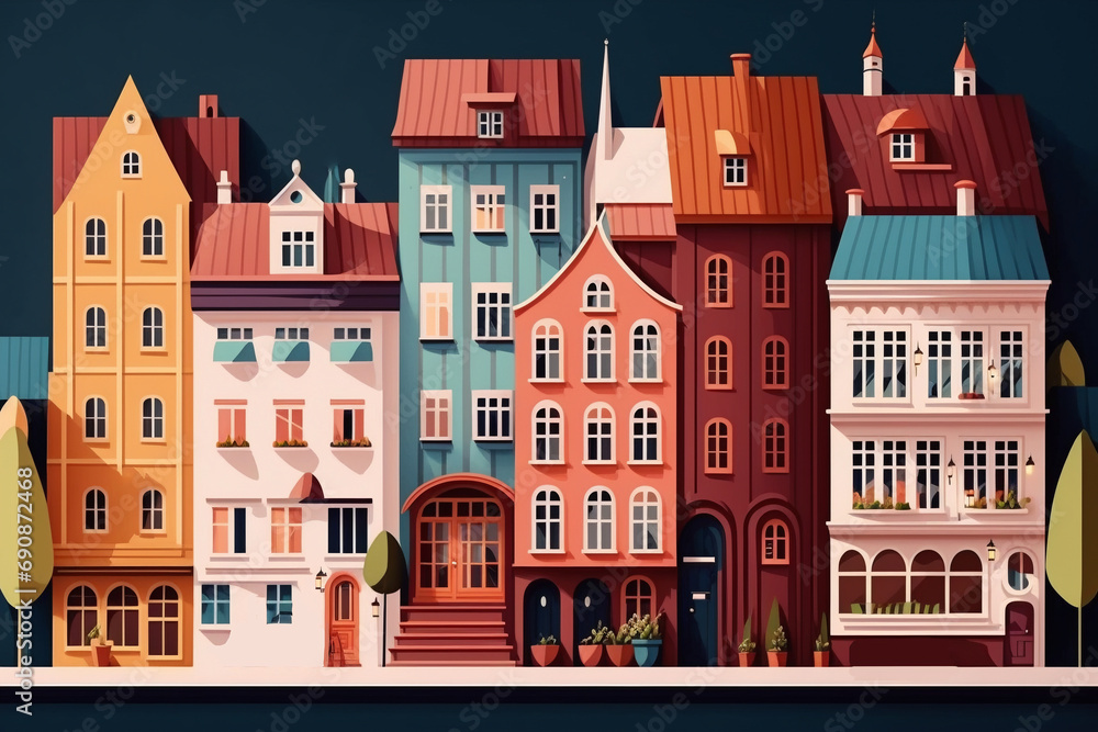 Medieval town street with old european buildings. cartoon cityscape with vintage facade of houses with brick wall and wooden doors, trees, stone road and pavement