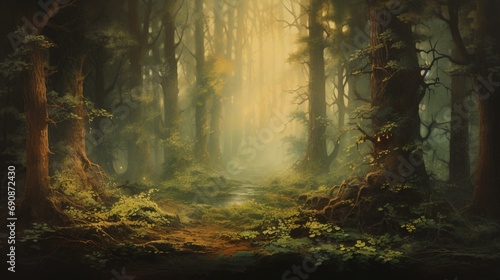 a mystical forest with a blend of earthy greens  deep browns  and hints of ethereal gold  evoking enchantment and wonder.