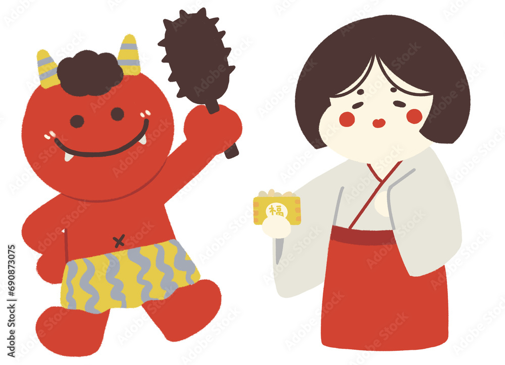 金棒を持った赤鬼と福豆を持った福のイラスト 金棒を持った赤鬼と福豆を持った福のイラスト