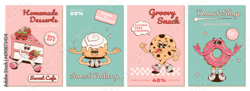 Posters set with retro groovy cheerful desserts characters. Retro cartoon branding mascots for cafe. Vector promo illustrations with a donut, cake, cookie and synabon for leaflet, flyer, brochure.