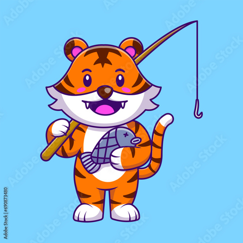 Fototapeta Naklejka Na Ścianę i Meble -  Cute Tiger Fishing Holding Rod And Fish Cartoon Vector Icons Illustration. Flat Cartoon Concept. Suitable for any creative project.