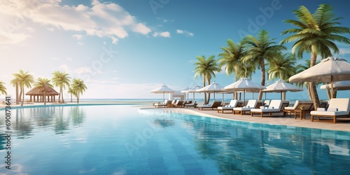 Luxurious beach resort with swimming pool and beach chairs or loungers umbrellas with palm trees and blue sky photo