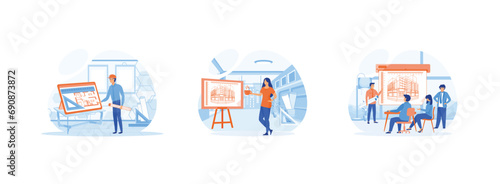 Architect Creator,house project.Showing Drawing Building on Board. Architect set flat vector modern illustration 
