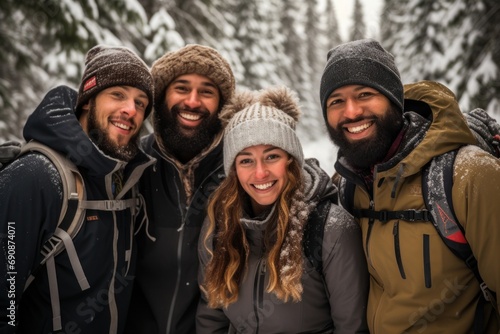 A diverse group of friends walking through a snowy forest, a winter adventure in beautiful weather with a group of loved ones.