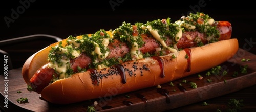 Argentinian choripanes: BBQ dogs with chimichurri & bacon.