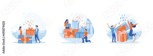 Customers Gift Card. Special offer from stores to congratulate client on his birthday. Reward.  Gift Card set flat vector modern illustration 