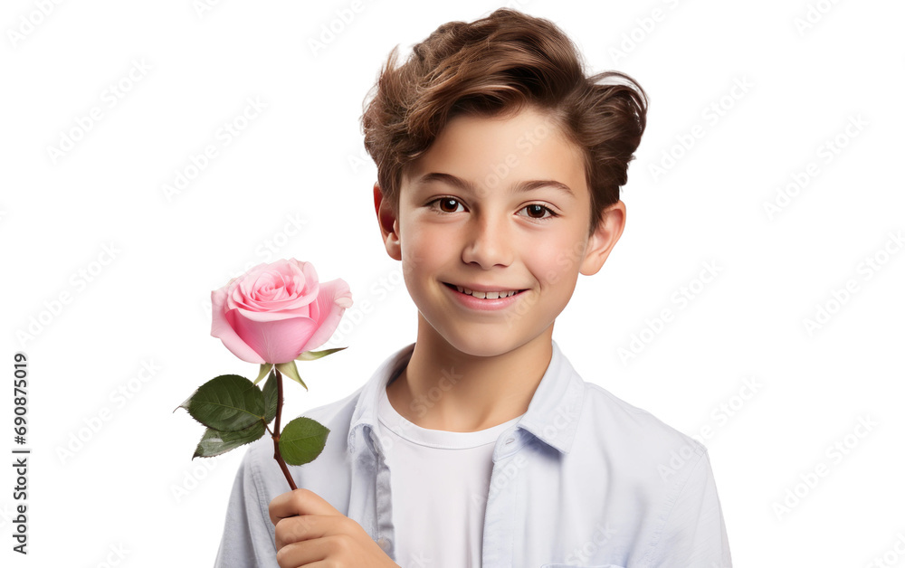 Happy Young Boy Admires Deep Pink Rose Isolated on a Transparent Background PNG.