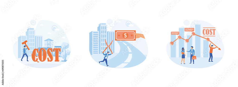 Businessman hammering text cost symbol illustration, cost reduction or cutting budget finance, Budget planning. Cost reduction set flat vector modern illustration