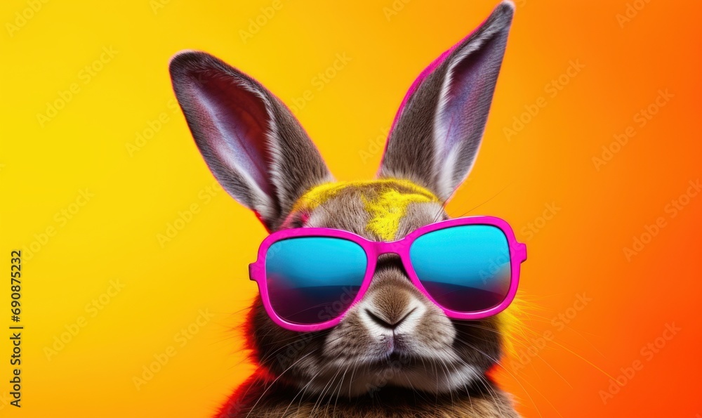 Cool bunny with sunglasses on colorful background. Generative AI