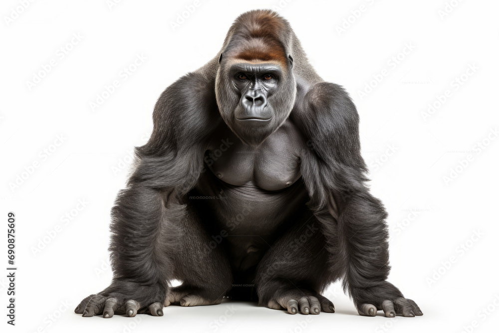 Close up photograph of a full body gorilla isolated on a solid white background Close up photograph of a full body gorilla isolated on a solid white background