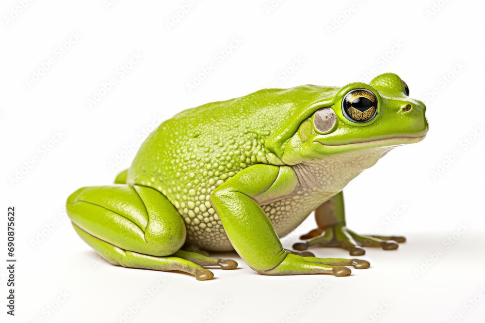 Close up photograph of a full body frog isolated on a solid white background Close up photograph of a full body frog isolated on a solid white background