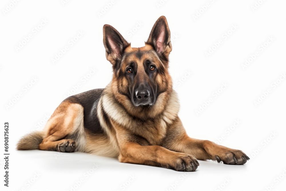 Close up photograph of a full body German Shepherd isolated on a solid white background