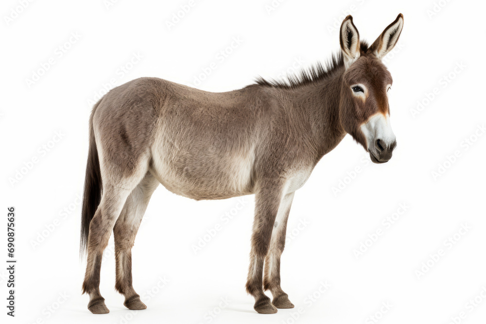 Close up photograph of a full body donkey isolated on a solid white background