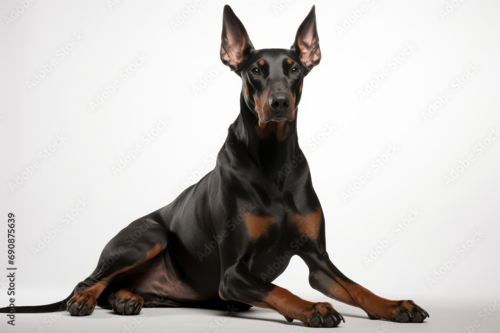 Close up photograph of a full body Doberman isolated on a solid white background