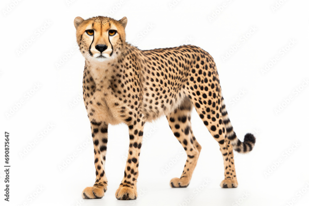 Close up photograph of a full body cheetah isolated on a solid white background Close up photograph of a full body cheetah isolated on a solid white background