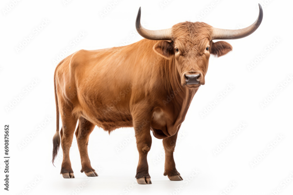 Close up photograph of a full body bull isolated on a solid white background Close up photograph of a full body bull isolated on a solid white background