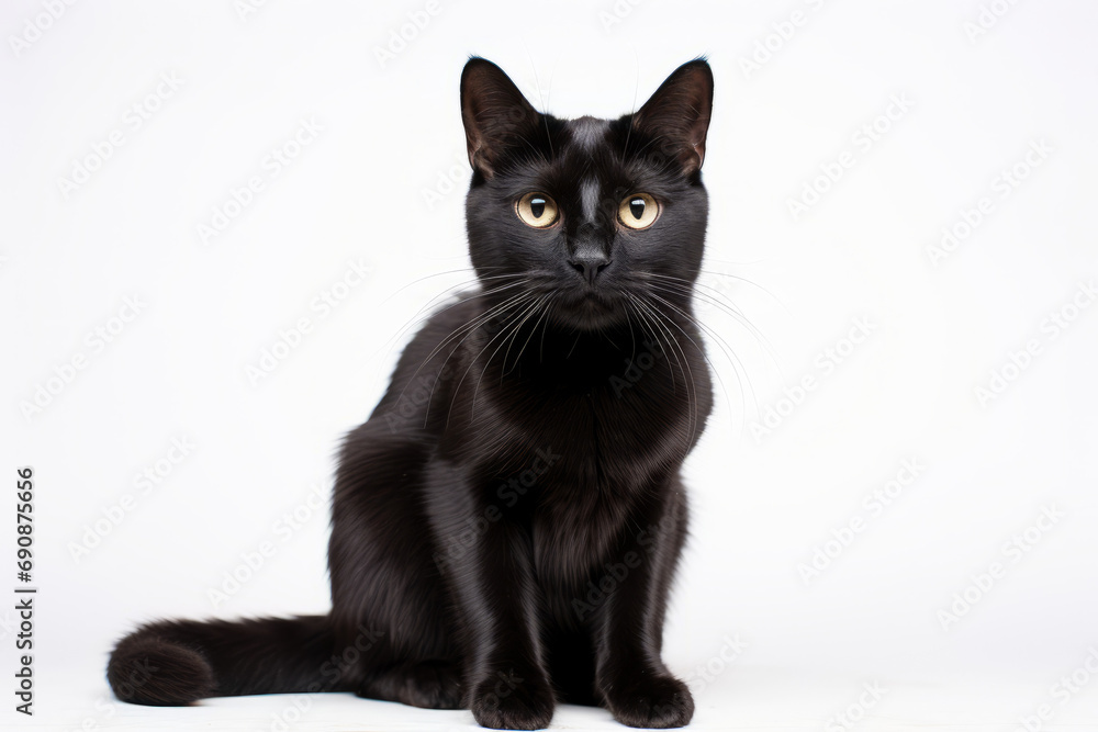 Close up photograph of a full body black cat isolated on a solid white background
