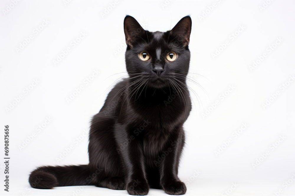 Close up photograph of a full body black cat isolated on a solid white background Close up photograph of a full body black cat isolated on a solid white background