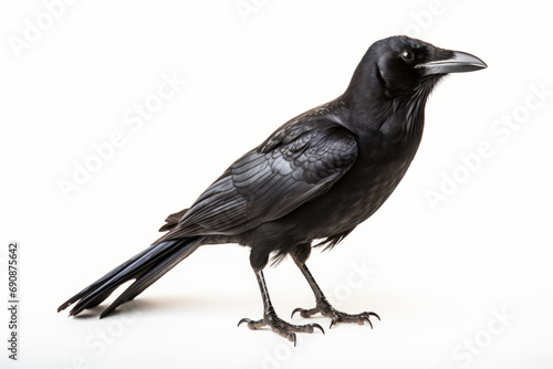 Close up photograph of a full body raven isolated on a solid white background