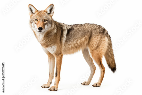 Close up photograph of a full body coyote isolated on a solid white background
