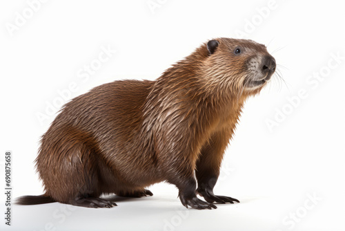 Close up photograph of a full body beaver isolated on a solid white background