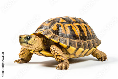 Close up photograph of a full body turtle isolated on a solid white background