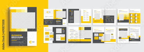 Company profile business brochure template with yellow, red modern shape. 16 pages a4 brochure template layout design photo