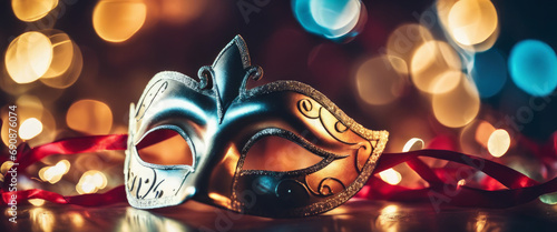 Silver and black masquerade mask with red ribbons on a dark background with blurred lights. photo