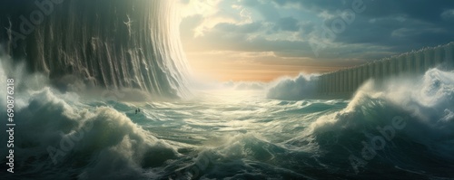 Ocean opening in biblical event of Moses. Opening of the Red Sea. 3D Illustration Rendering. Generative AI photo